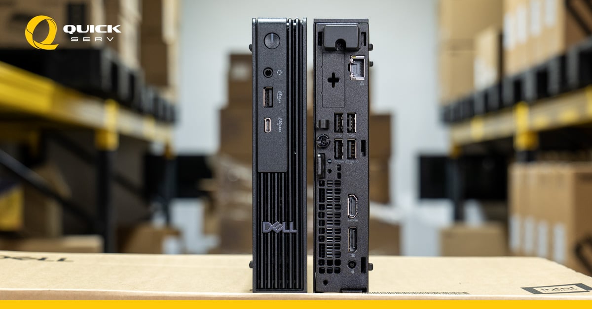 ภาพด้านหน้าและด้านหลัง Dell Pro Micro QCM1250 แสดงพอร์ต USB Type-A, USB Type-C, HDMI, DisplayPort และ RJ45 Gigabit Ethernet ภาพด้านหน้าและด้านหลัง Dell Pro Micro QCM1250 แสดงพอร์ต USB Type-A, USB Type-C, HDMI, DisplayPort และ RJ45 Gigabit Ethernet